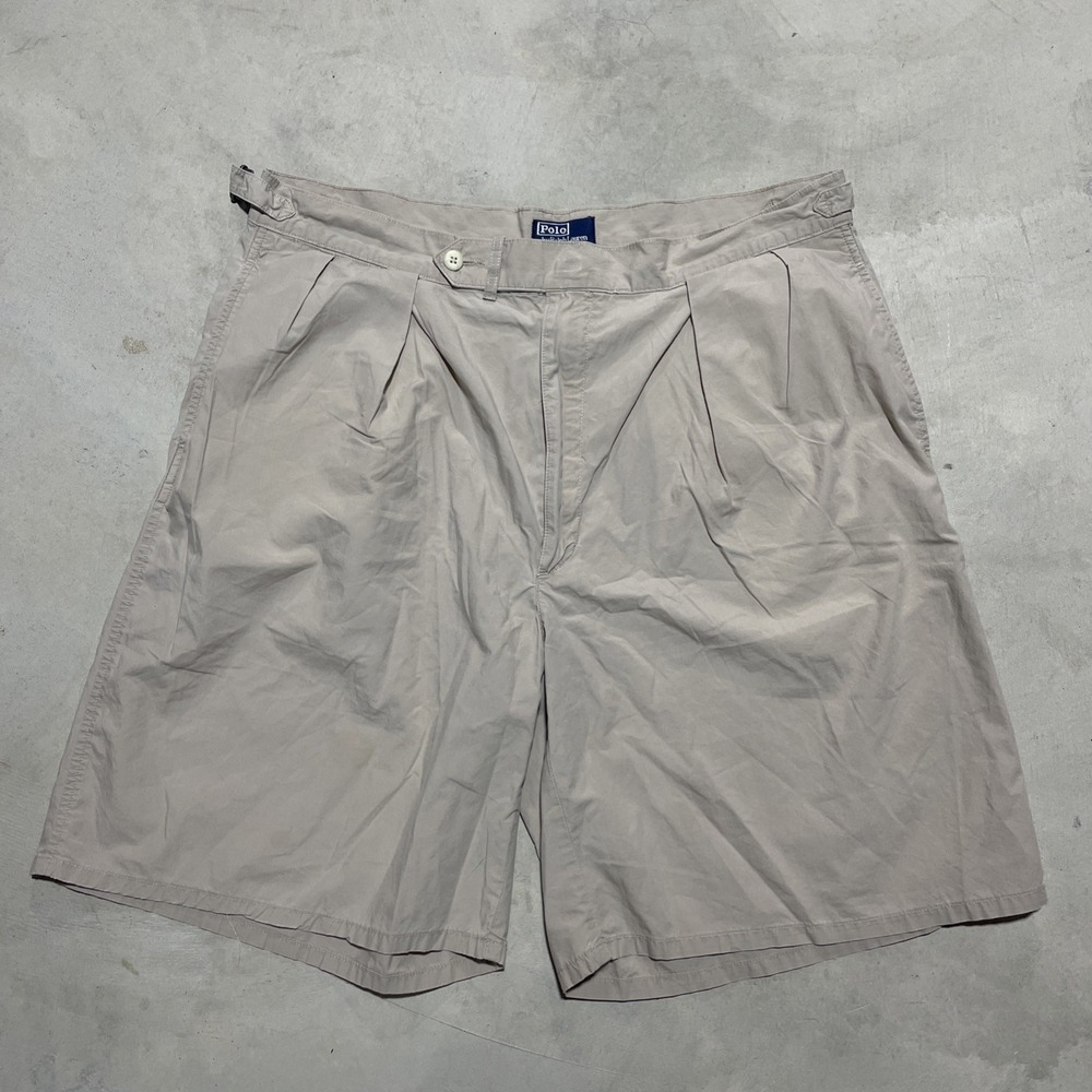 VTG USA Made Men's Beige Polo Ralph Lauren Pleated Shorts 38 Adjustable Waist